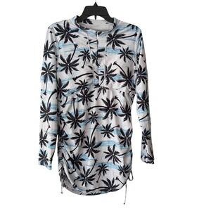 Hiskywin UV Protection Black & Blue Palm Tree Print Runched Midi Dress